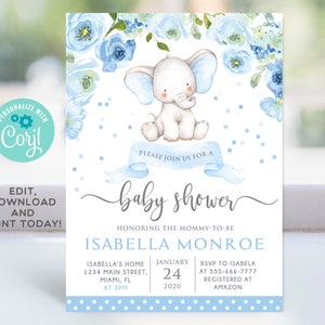 Elephant Baby Shower Invitation, Elephant Invitation Boy, Elephant Baby Shower Invite Editable, Baby Boy printable invite template
