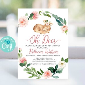 Woodland Baby Shower Invitation, Deer Baby Shower Invitation, Baby Shower Girl, Floral, Pink, Oh Deer Printable, EDITABLE, INSTANT DOWNLOAD