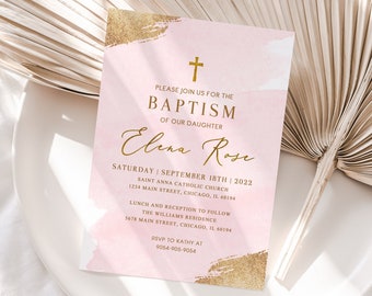 Baptism Invitation Girl, Christening Invitation Template, Pink watercolor baptism invite, Pink Gold, Printable Invitation, baby girl baptism