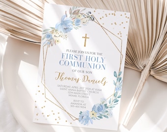 May include: A white invitation with gold accents and blue floral designs. The invitation is for a First Holy Communion for Thomas Daniels. The event will be held on Saturday, April 21st, 2024 at 10am at Saint Anna Baptist Church, 1234 Main Street, Miami Florida. RSVP to Amanda at 305-455-9054.