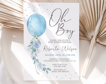 Baby Shower Invitation Boy, Editable Invitation, Blue Balloon baby shower invitation template, Oh Boy Baby Shower Invites, Instant Downlaod