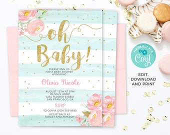 Baby Shower Invitation Mint and gold, Baby shower invitation girl floral baby shower invitation printable, Oh Baby shower invitation