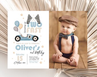 Editable TWO Fast Birthday Invitation with photo, Race Car 2nd Birthday Invite, Blue Vintage Racecar, Printable Template, Instant Download