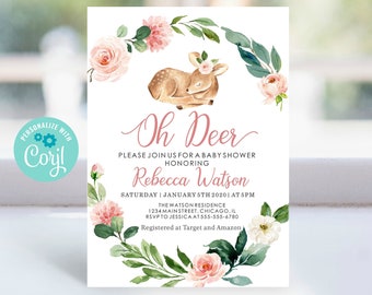 Inbjudan till babyshower i skogsmark, babyshowerinbjudan till rådjur, babyshowerflicka, blommig, rosa, Oh Deer utskrivbar, REDIGERINGSBAR, DIREKT NEDLADDNING