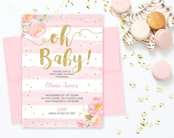 Oh Baby Shower Invitation, Baby Shower Invitation Girl, Floral Baby Shower Invitation, Watercolor girl baby shower digital invitation