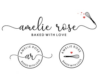 Bakery Logo, Baking logo, cake shop logo, Bakery logo design with hearts, Baking Branding Kit, Cake logo, Hand Whisk Logo