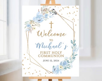 First Holy Communion Welcome Sign, 1st communion Poster, Boy first Communion Welcome Sign printable, Blue Gold Sign, Editable Template