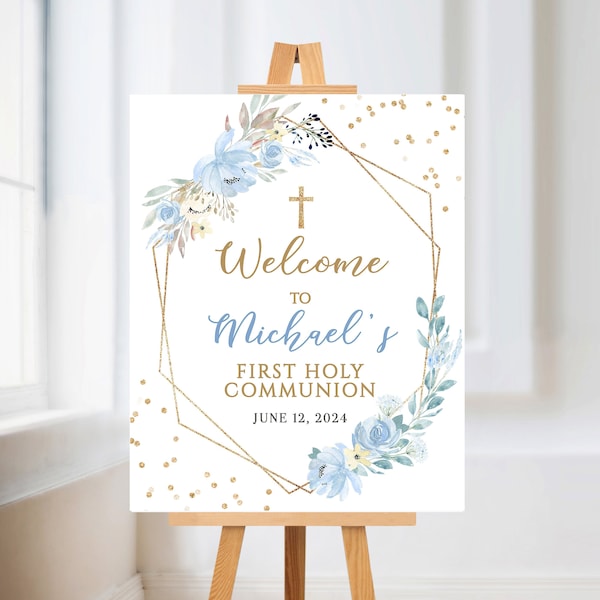 First Holy Communion Welcome Sign, 1st communion Poster, Boy first Communion Welcome Sign printable, Blue Gold Sign, Editable Template