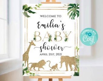 Safari Baby Shower Welcome Sign, Safari Welcome Sign Template, Jungle Baby Shower, Greenery Baby Shower, Editable, Printable sign