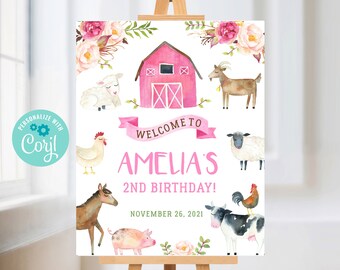 Farm Welcome Sign, Téléchargement instantané, Barnyard Birthday Welcome Sign Farm Animals Birthday Welcome Girl Template Corjl PRINTABLE