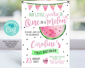 Editable Watermelon Invitation, Watermelon Birthday Invitation, Watermelon Party, One in a Melon 1st birthday printable Instant download