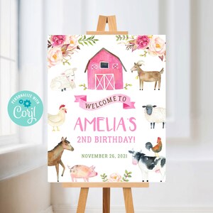 Farm Welcome Sign, Instant download, Barnyard Birthday Welcome Sign Farm Animals Birthday Welcome Girl Template Corjl PRINTABLE