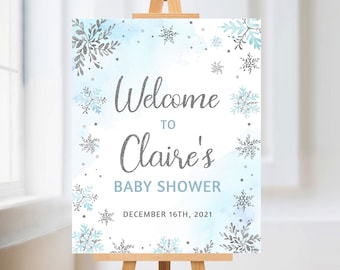 Winter Baby Shower Welcome Sign, Baby It's Cold Outside, Blue and Silver Snowflake Baby Shower Welcome Sign Template, Boy Baby Shower