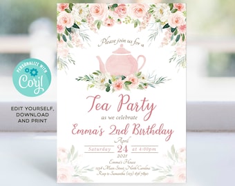 Tea Party Invitation, Tea Party Birthday Invitation, Tea Party Invite, Floral High Tea party, Instant Download, Editable