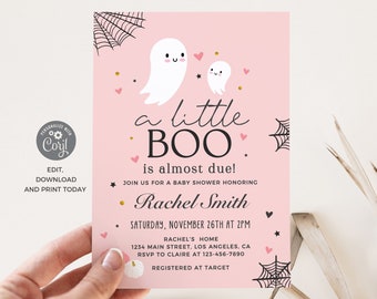 Editable Halloween Baby Shower Invitation, A Little Boo is Almost Due Invitation, Pink Ghost Girl Baby Shower Invitation, Instant Download