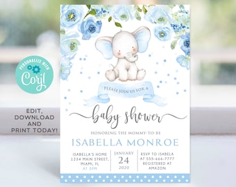 May include: Blue and white baby shower invitation with a watercolor illustration of a baby elephant with blue flowers and confetti. The text reads "Please join us for a baby shower honoring the mommy-to-be Isabella Monroe. Isabella's home, 1234 Main Street, Miami, FL at 3pm, January 24, 2020. RSVP to Isabella at 555-666-7777, registered at Amazon."