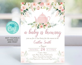 Tea Party Baby Shower Invitation, A Baby Is Brewing Invitation, Girl Baby Shower Pink Floral Printable Editable Template, Instant Download