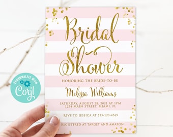 Pink and Gold Bridal Shower Invitation Template, Bridal Shower Invite, Gold Confetti, Glitter, Blush Pink, Modern Printable Instant Download