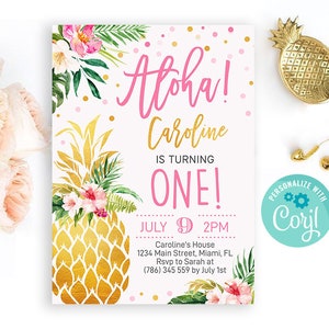 Aloha Birthday Invitation, Tropical Birthday Invitation, Pineapple Birthday Invitation, Aloha Invitation, Luau Summer Birthday Party