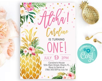 Aloha Birthday Invitation, Tropical Birthday Invitation, Pineapple Birthday Invitation, Aloha Invitation, Luau Summer Birthday Party