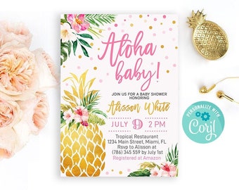 Editable Pineapple Baby Shower Invitation, Tropical Baby Shower Invite, Aloha baby shower invitation, Pink & Gold Printable Instant Download