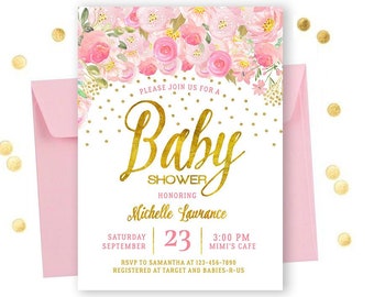 Floral Baby Shower Invitation Girl Printable, Girl Baby Shower Invite, Pink and Gold, Floral Invitations, Girl Invite, Baby Sprinkle