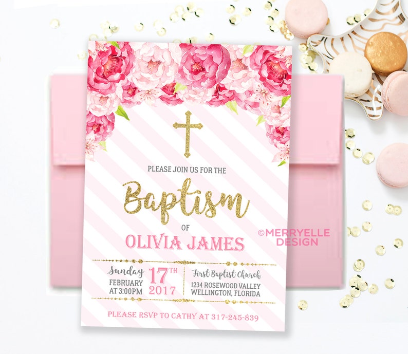 Baptism Invitation Girl Printable, Girl Baptism Invitation, Floral Baptism Invitation, Christening invitation girl, First Holy Communion image 1