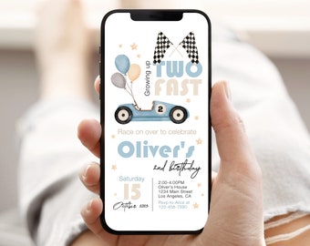 Electronic Race car invitation, Editable TWO Fast Birthday Invitation, race car party Blue Racing car 2nd Birthday Invite Instant Download