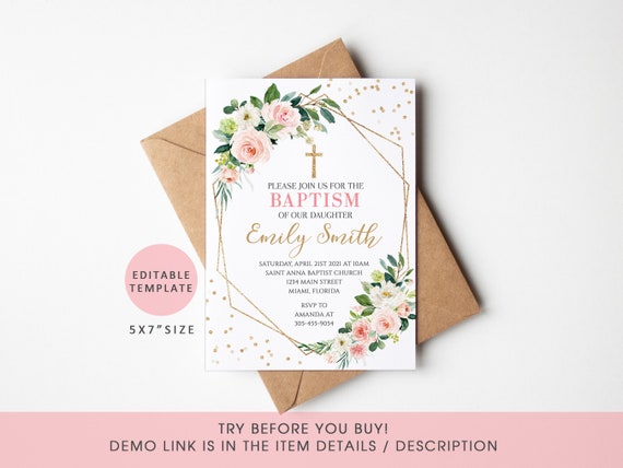 Baptism Invitation Girl, Baptism Invite, Christening Invitation, Baptism Invitation Template, Blush Pink Floral, EDITABLE Instant Download
