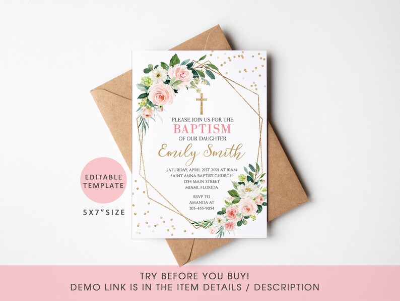 May include: A pink and gold baptism invitation with a floral design and a cross. The invitation reads "Please join us for the Baptism of our daughter Emily Smith".
