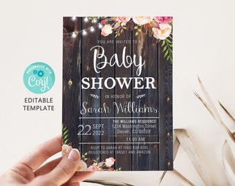 Rustikale Baby-Dusche-Einladung, Boho-Baby-Dusche-Einladung, Mädchen-Baby-Dusche-Einladung, Holz Blumen, rosa Blumen, bearbeitbare Vorlage