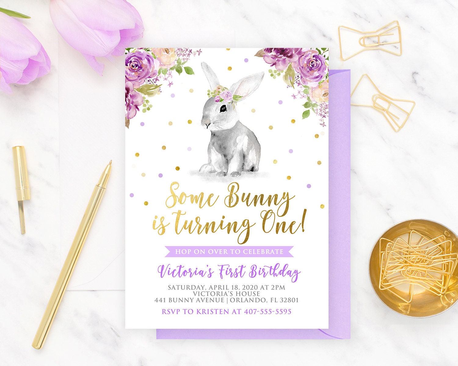 Some Bunny is One Invitation, Bunny birthday invitation, Bunny 1st Birthday Invite, Purple Spring Floral Bunny Editable, Instant Download