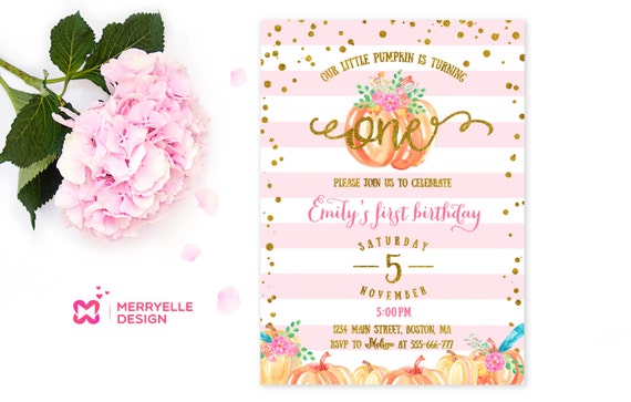 Pumpkin Birthday Invitation, Little Pumpkin Invitation, 1st birthday invitation Girl, Fall Autumn Birthday Invites, Pink and Gold, Printable