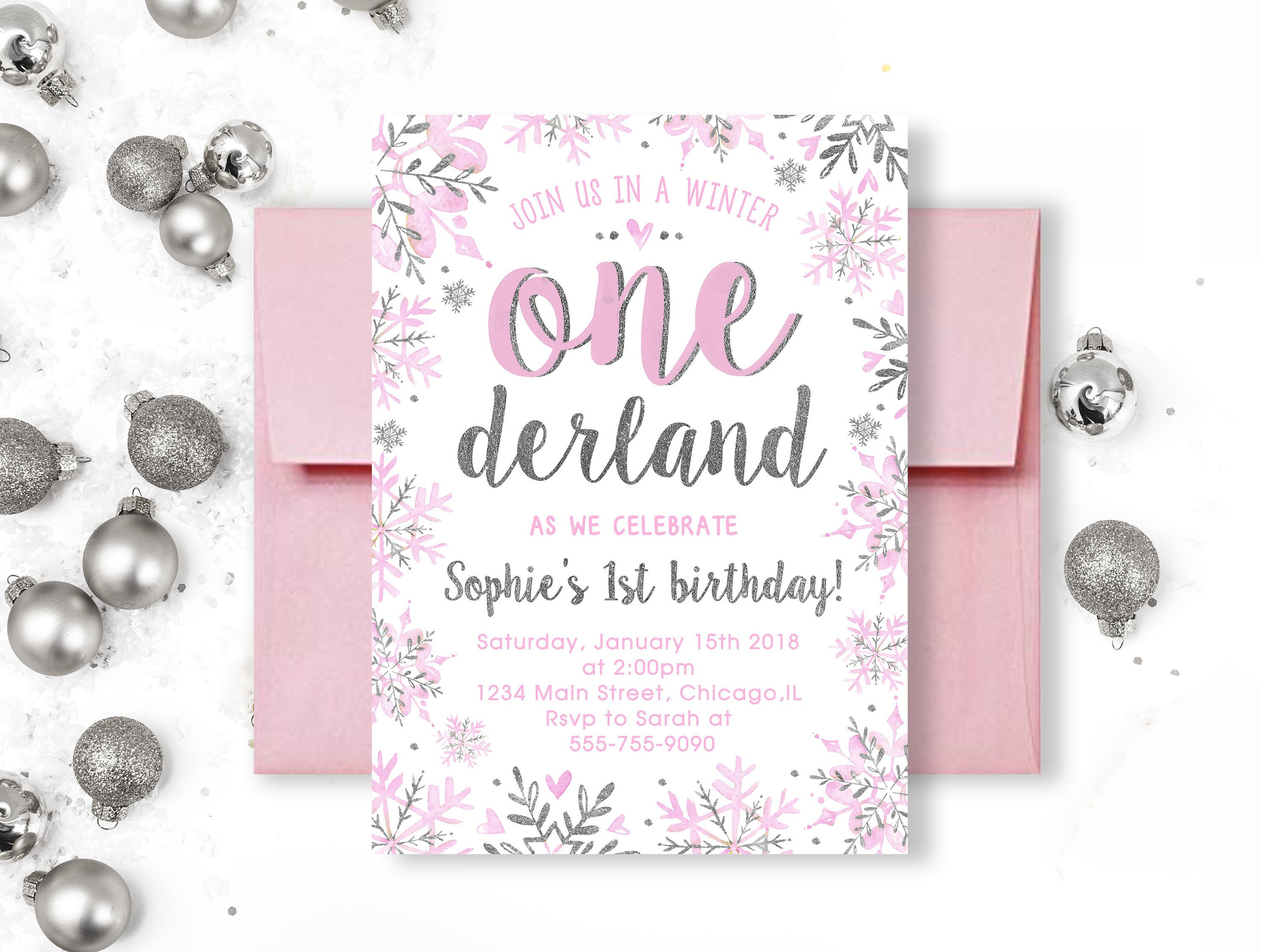 Snowflake First Birthday DigitalPrintable OR Printed & Shipped! Winter ONEderland Girl Birthday Invitation Pink Silver Birthday