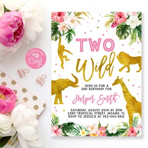 Editable Two Wild Birthday Invitation, Safari Invitation, Jungle Birthday Invitation, Printable Floral Two Wild invite, Instant Download