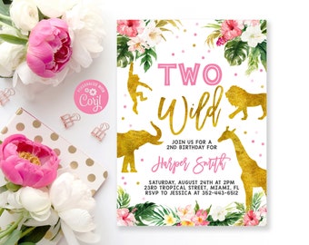 Editable Two Wild Birthday Invitation, Safari Invitation, Jungle Birthday Invitation, Printable Floral Two Wild invite, Instant Download