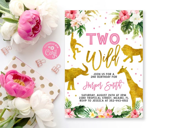Editable Two Wild Birthday Invitation, Safari Invitation, Jungle Birthday Invitation, Printable Floral Two Wild invite, Instant Download