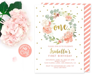 1st Birthday Invitation, Editable Template, First Birthday Invitation Printable, Blush Pink Floral 1st Birthday Girl, Instant Download