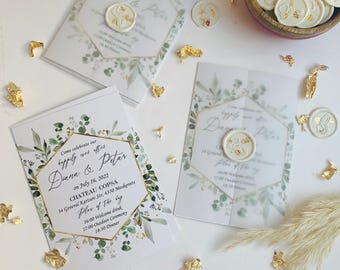 Wedding Invitation with Vellum Wrap & Wax Seal | Botanical Greenery Wedding Invite | Gold Foil Details | Elegant Modern Wedding Suite