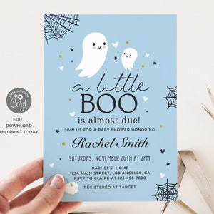 Bewerkbare babyshower uitnodiging Little Boo, A Little Boo is bijna klaar, Boy Blue Ghost Halloween babyshower uitnodiging direct downloaden