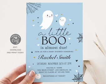 Edytowalne zaproszenie na baby shower Little Boo, Little Boo jest już prawie na miejscu, Chłopiec Niebieski Duch Halloweenowe zaproszenie na baby shower do pobrania natychmiast
