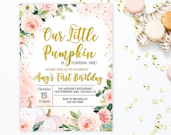 Our Little Pumpkin Is Turning One Invitation, Pumpkin Birthday Invitation Printable, Fall Autumn Birthday Party Invitation, Blush, Floral