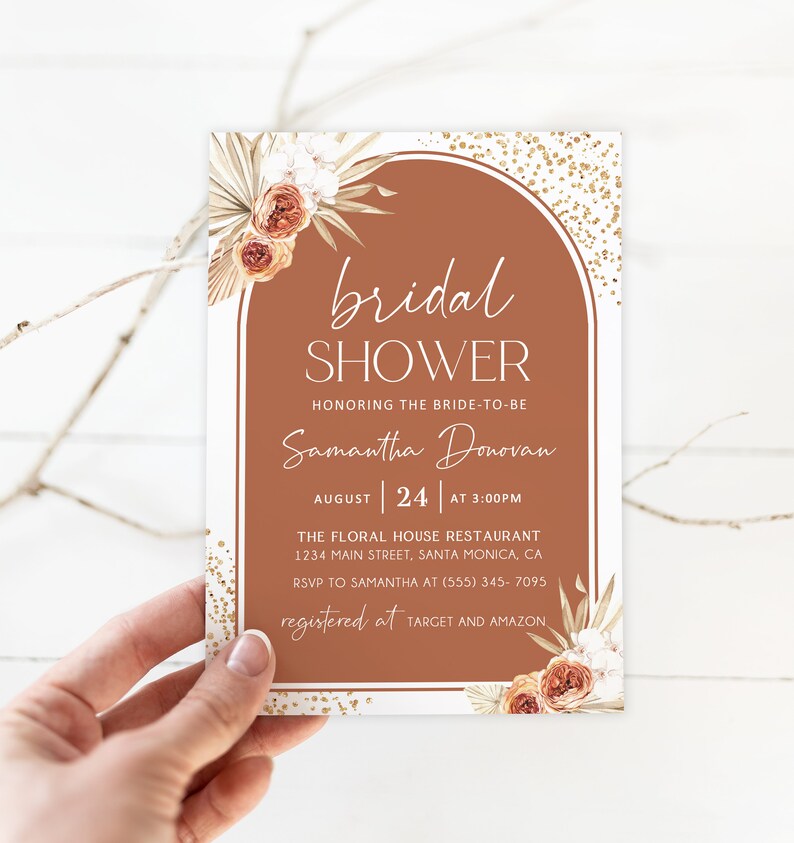 May include: A rectangular invitation card with a terracotta arch design, featuring the words "bridal shower" and details for Samantha Donovan's event on August 24th at 3:00 PM. Floral accents and gold confetti add to the design.