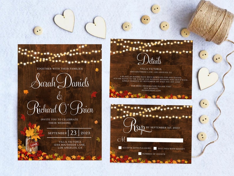 May include: Rustic wedding invitation with a woodgrain background and string lights. The invitation features the names Sarah Daniels and Richard O'Brien, the date September 23, 2023, and the location Villa Victoria, 1255 Southside Lane, Los Angeles, CA. The invitation also includes a mason jar with fall leaves and the word "Love".