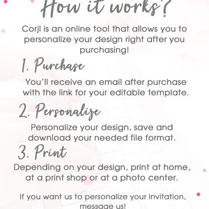 May include: A white and pink graphic detailing the steps to use an online design tool. The text reads "How it works?" and outlines the process: purchase, personalise, and print. The image also features the Merryelle Design logo.