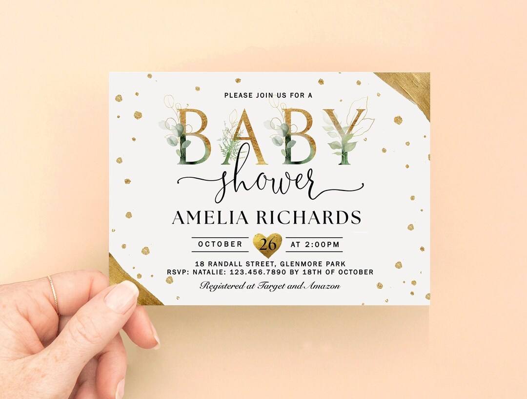 Editable Greenery Baby Shower Invitation, Green & Gold Baby Shower