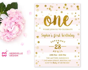 First birthday invitation girl, 1st Birthday, Girls party invites, Girl birthday invitations, 1st birthday invitations girl pink and gold
