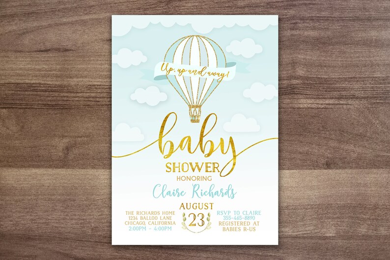 Hot Air Balloon Baby Shower Invitation Boy Blue Hot Air Etsy
