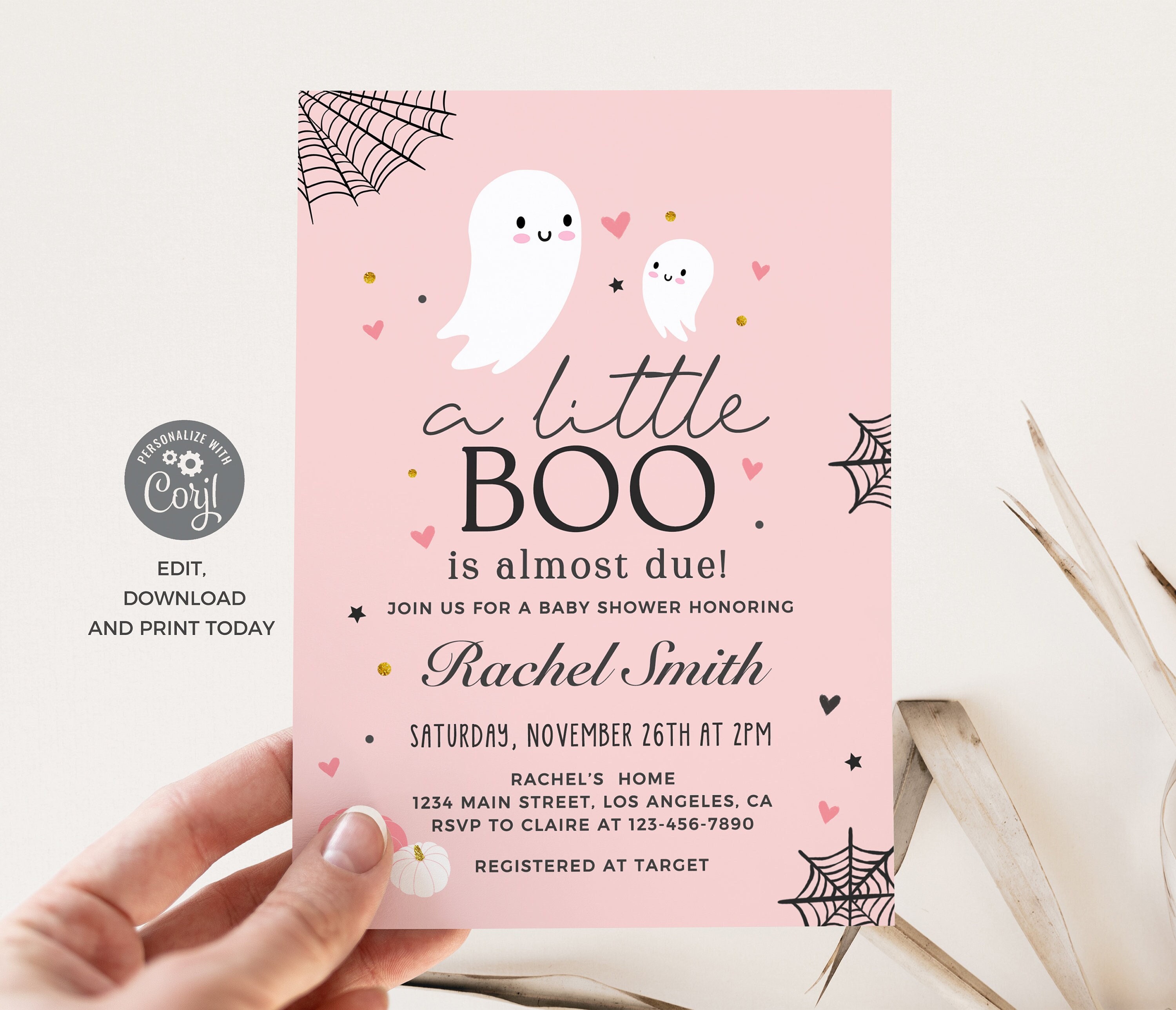 Halloween Babyparty Hintergrund – „A Little Boo Is Almost Due“ – 2,1 X 1,5 M, Rosa, Mit Spinnennetz, Schloss Und Kürbis, Inkl. Seil, Waschbar