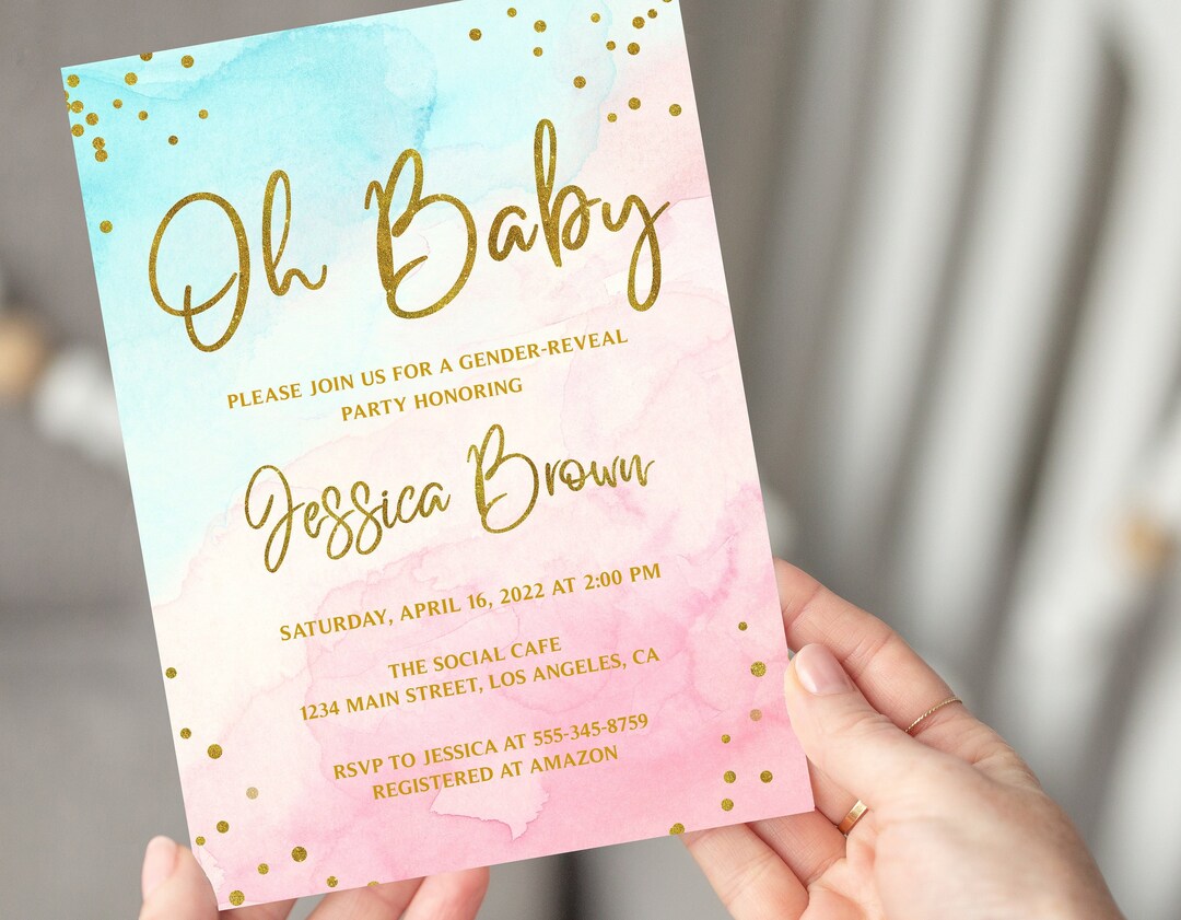 Gender Reveal Invitation, Pink and Blue Baby Shower Invitation Template
